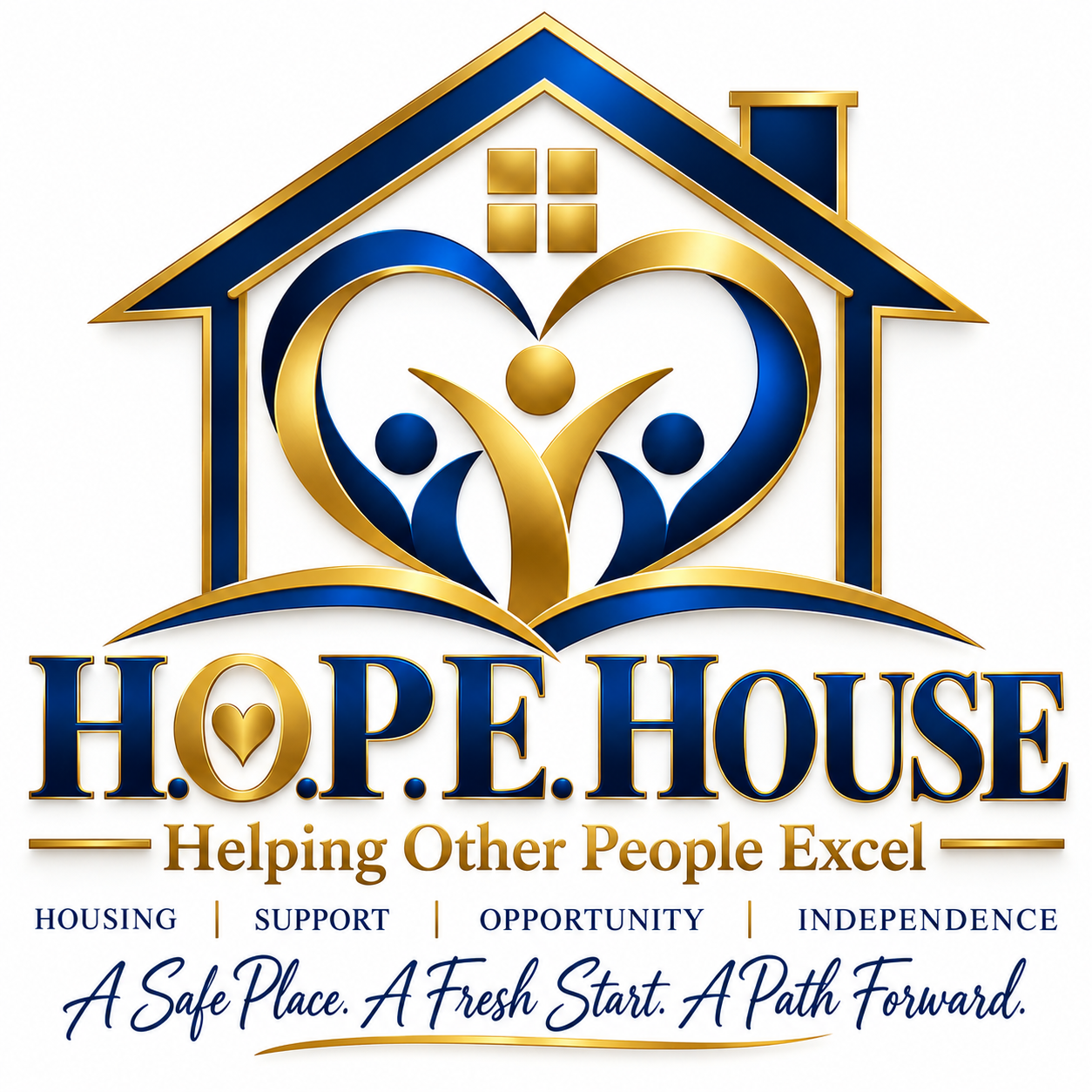 H.O.P.E. House — Helping Other People Excel. Blue and gold house and community emblem.
